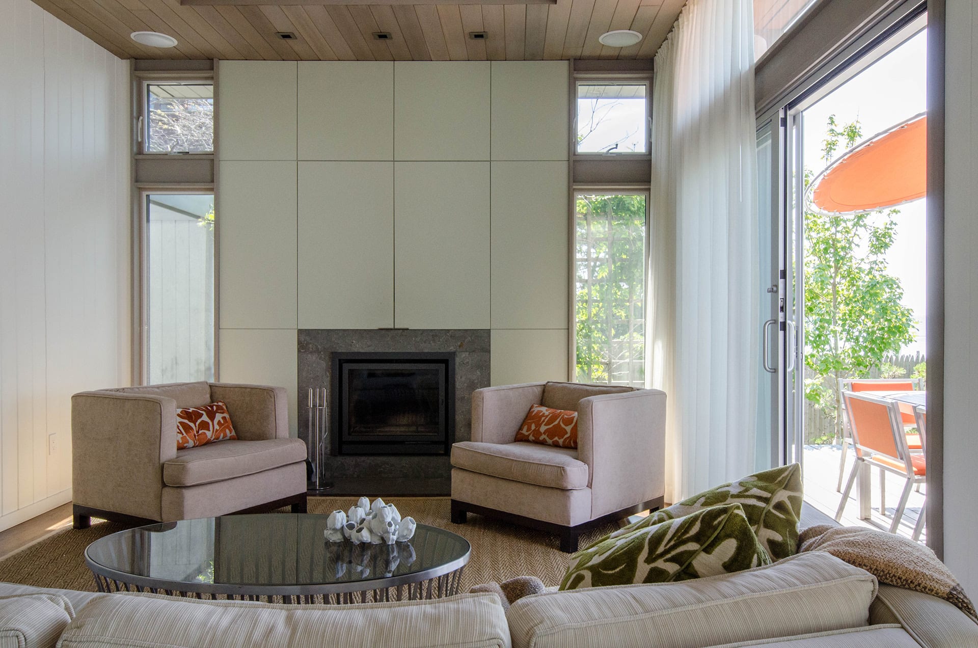 Living Room and Fireplace in Mid-Century Modern Fire Island Pines Beach House | Rodman Paul Architects