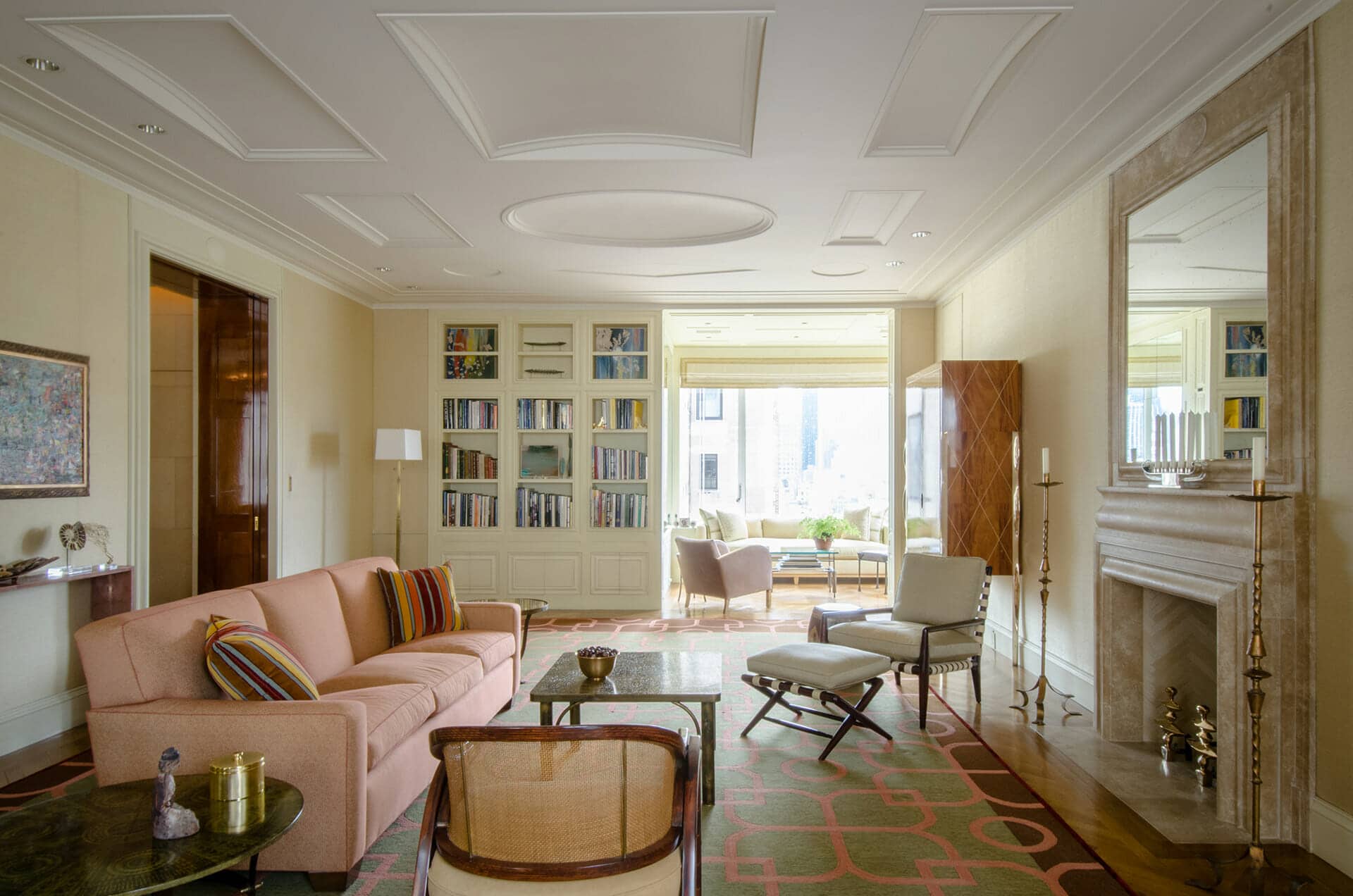 Living Room with Coffered Ceiling, Fireplace and Custom Rug in Elegantly Renovated East Side Apartment | Rodman Paul Architects